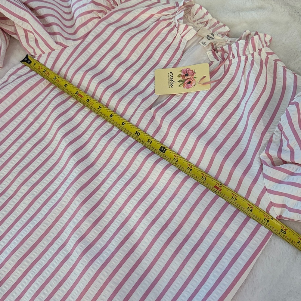 Entro White & Pink Stripe SearSucker Mini Dress, Exaggerated Balloon Sleeves - Picture 13 of 16